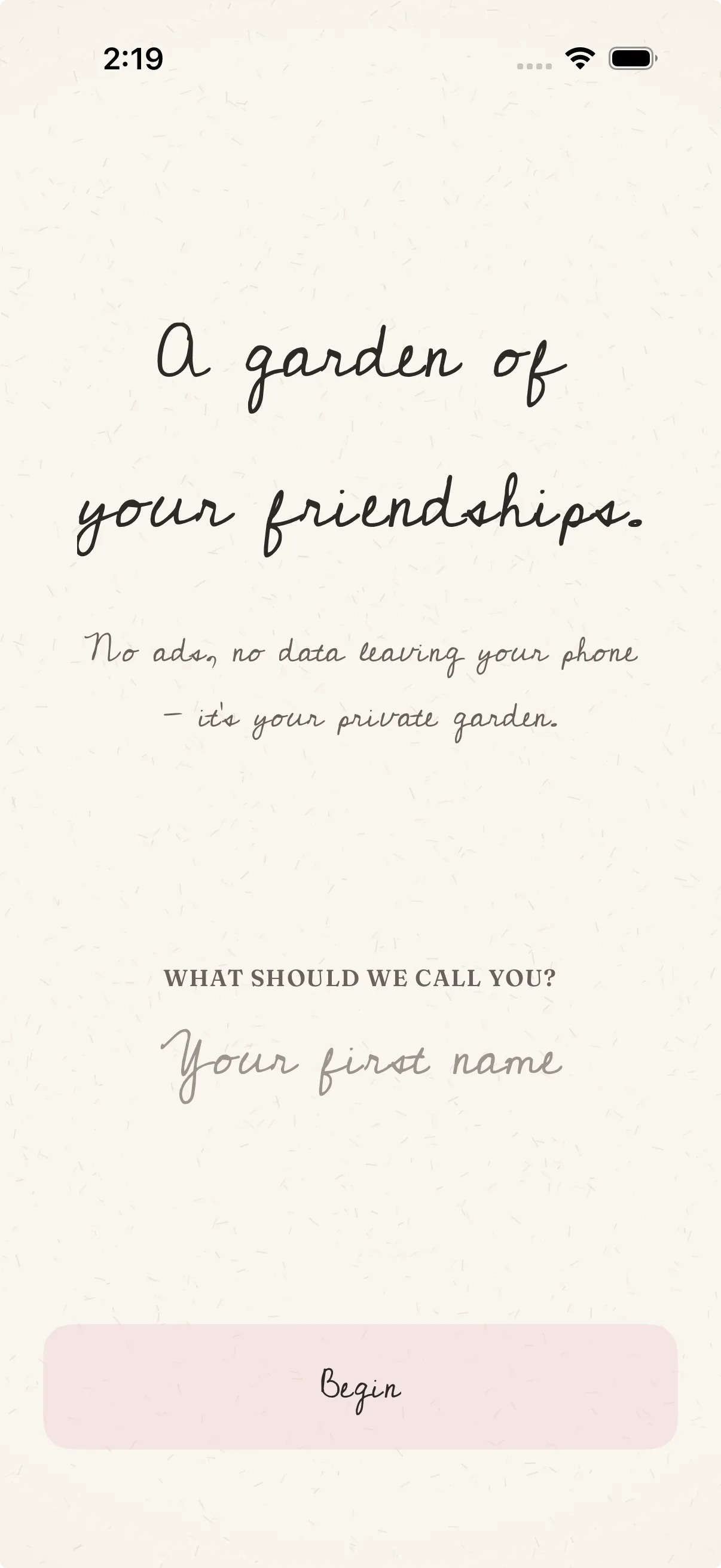 HiBud onboarding asking for your name.