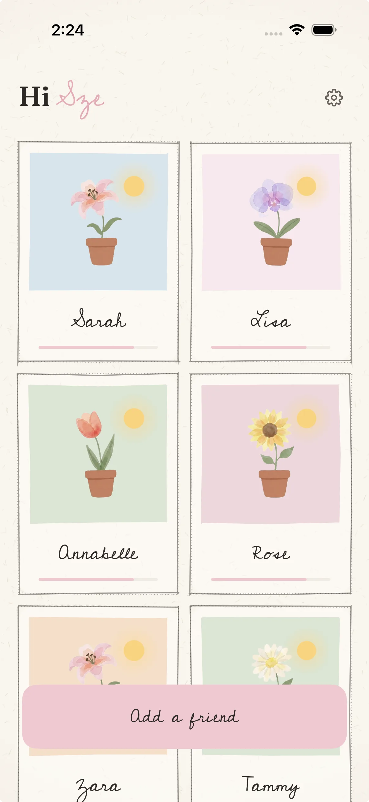 The HiBud garden — six flowers, one for each friend, in pastel polaroids.